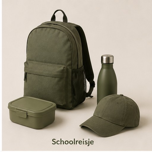 Rugzak, waterfles en cap voor het schoolreisje
